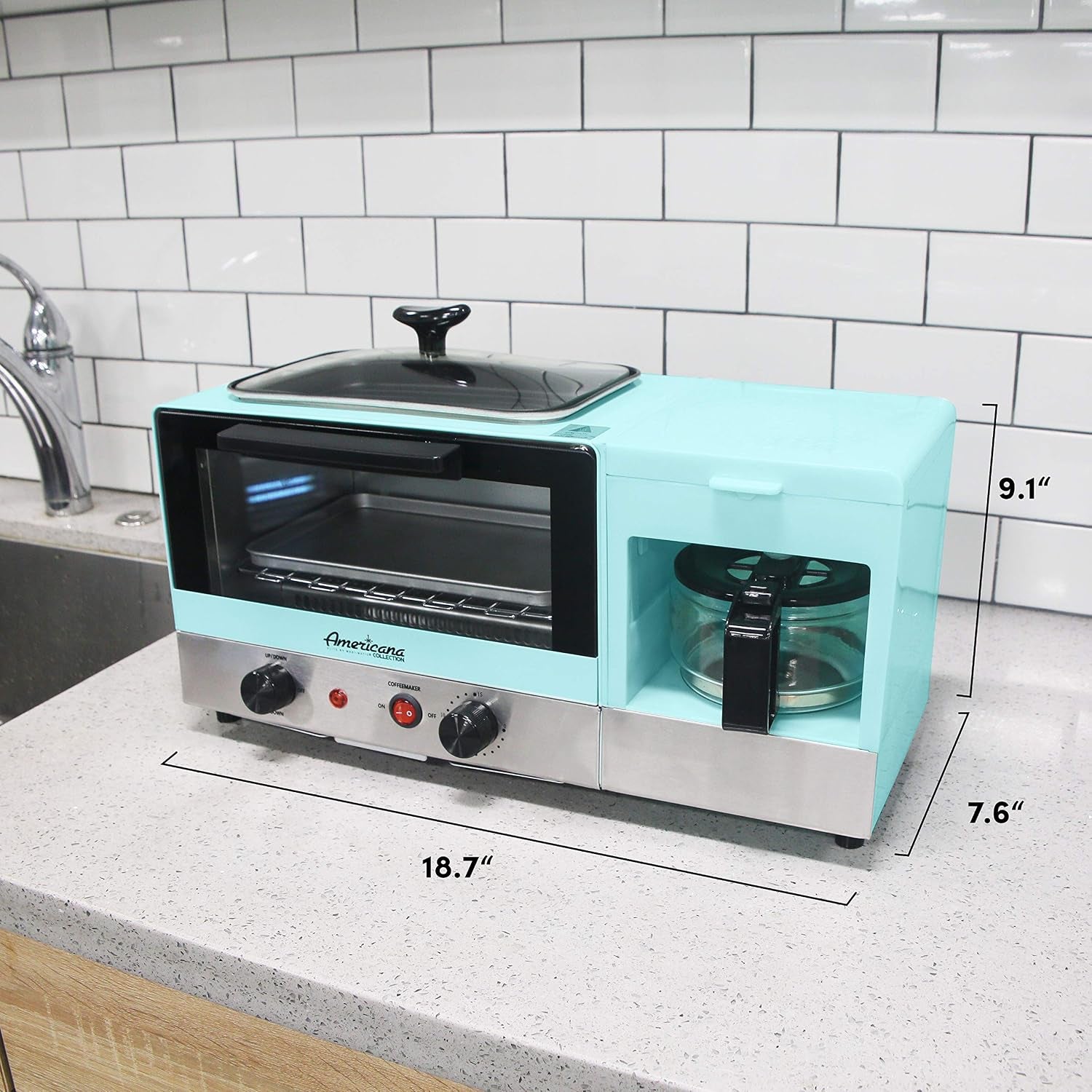 americana-breakfast-center-griddle-toaster-oven-blue-2-slice-w-15-min-timer-heat-selector-mode-plus-9-5-griddle-w-glass-lid-4-cup-coffeemaker
