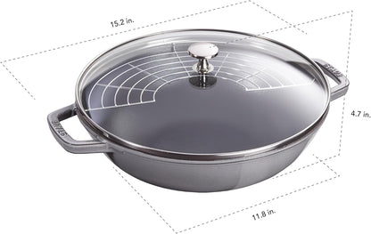 Staub Cast Iron Perfect Pan, Wok, Dutch Oven, 4.5-Quart, Serves 4-5, Made in France, Graphite Gray, Made in France3