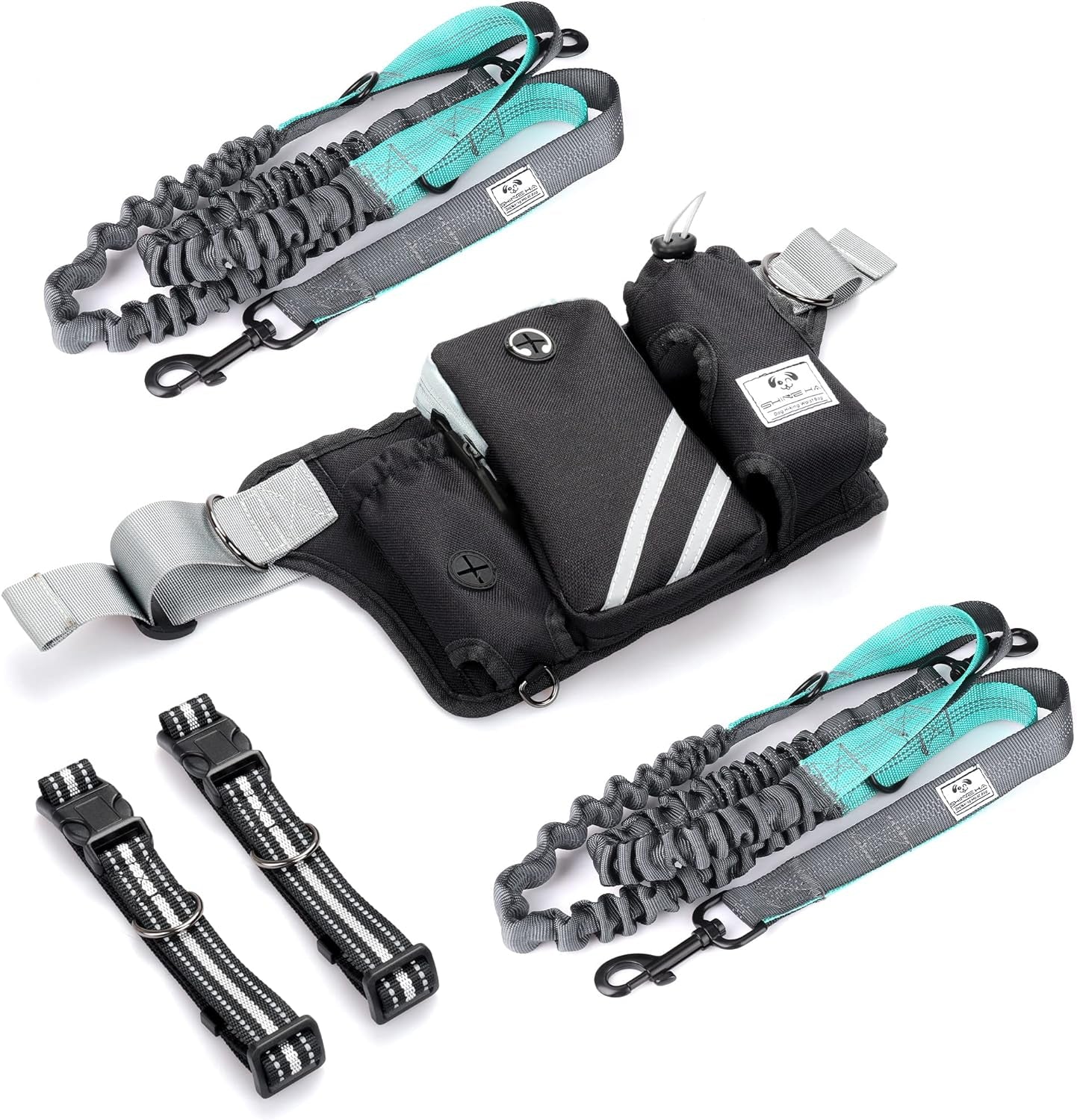 shine-hai-retractable-hands-free-dog-leash-with-dual-bungees-for-2-dogs-adjustable-waist-belt-fanny-pack-reflective-stitching-leash-for-running-walking-hiking-jogging-biking-black