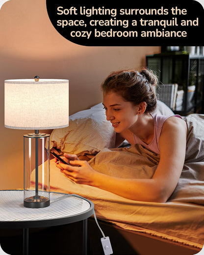 23.6" Glass Table Lamp Set of 2, DIY Refillable, Rotary Switch | Modern Bedside Lamp with Linen Lampshade, E26 Base, Nightstand Light for Living Room, Bedroom, Office7
