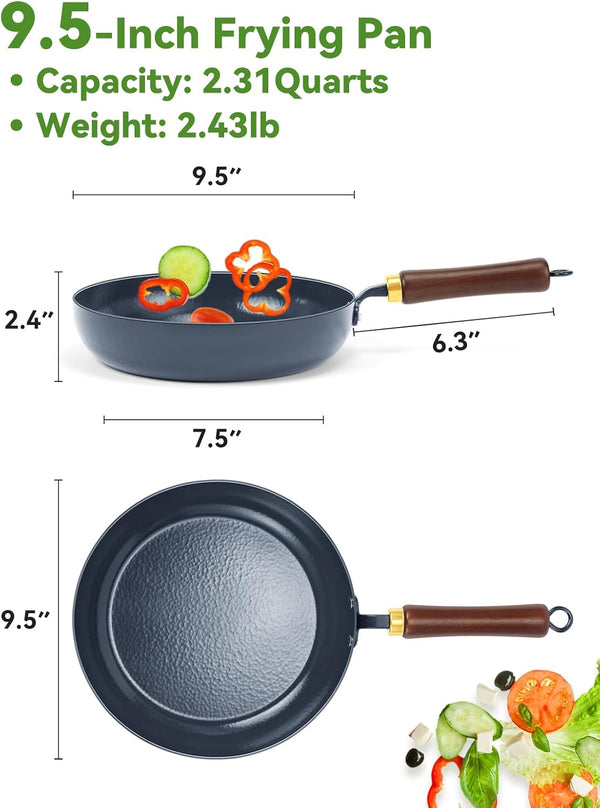 9.5" Enameled Carbon Steel Skillet, Nonstick Frying Pan | Carbon Steel Pan, Stay-Cool Wooden Handle, High Wall Pan, Season-Free Stir-Fry Pan, Non-Toxic PTFE & PFOA Free9