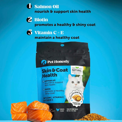 Cat Skin & Coat Supplement Crunchy Creamy Chews - Salmon Oil for Cats Omega 3 Itchy Dry Skin Relief - Feline Shedding Control - Biotin Vitamins for Indoor Cats Shiny Soft Coat (30-Day Supply)3