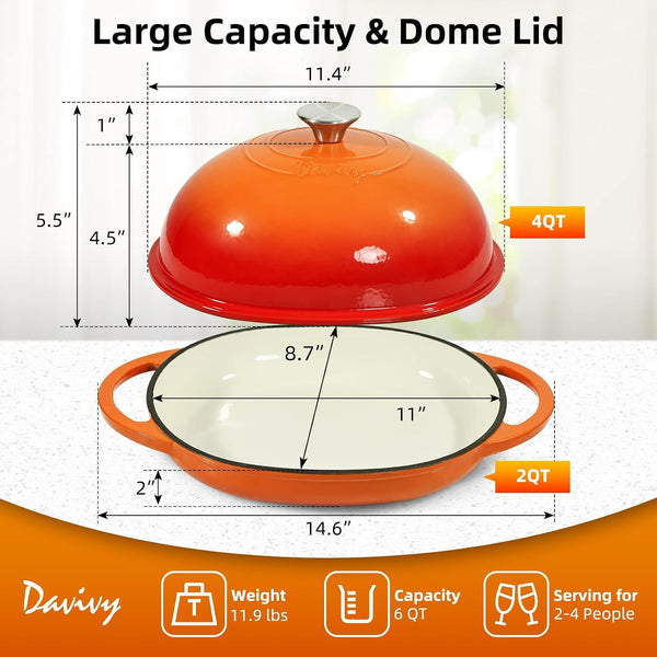 11" X 8.7" Oval Bread Oven with Domed Lid, Enameled Oval Dutch Oven Pot for Sourdough Bread Baking 6QT, Non-Stick Cast Iron Sourdough Pan Bread Cloche with Lid - Flame Orange2