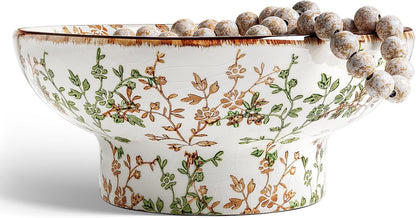 10" Ceramic Decorative Bowl, Key Bowl for Entryway, Handcrafted Sturdy Pedestal Bowl, French Country Fruit Bowl for Kitchen Counter, Centerpiece, Vine Green7