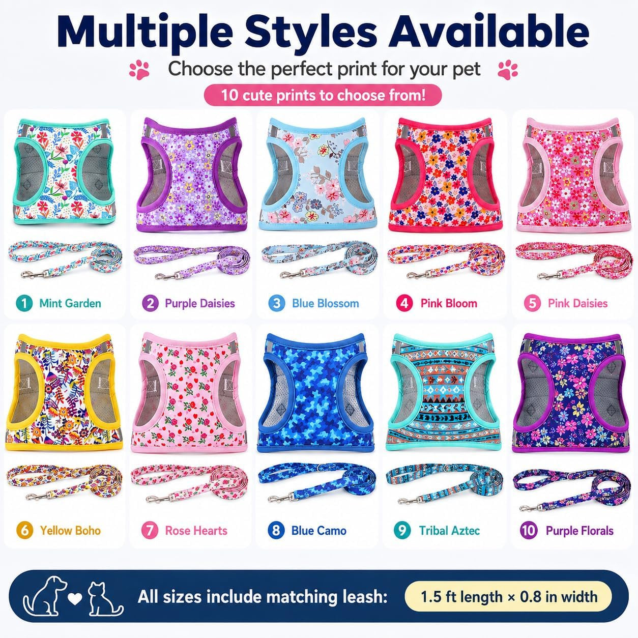 step-in-dog-harness-leash-set-all-weather-reflective-no-pull-floral-pattern-padded-mesh-vest-harness-for-cats-puppy-extra-small-small-medium-large-dogs-pink-flower-s