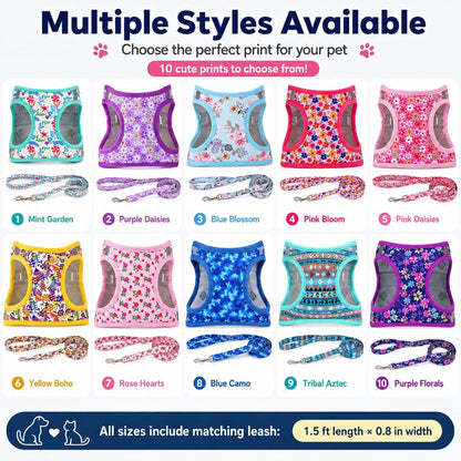 Step in Dog Harness Leash Set- All Weather Reflective No-Pull Floral Pattern Padded Mesh Vest Harness for Cats Puppy Extra-Small Small Medium Large Dogs - Pink Flower - S7
