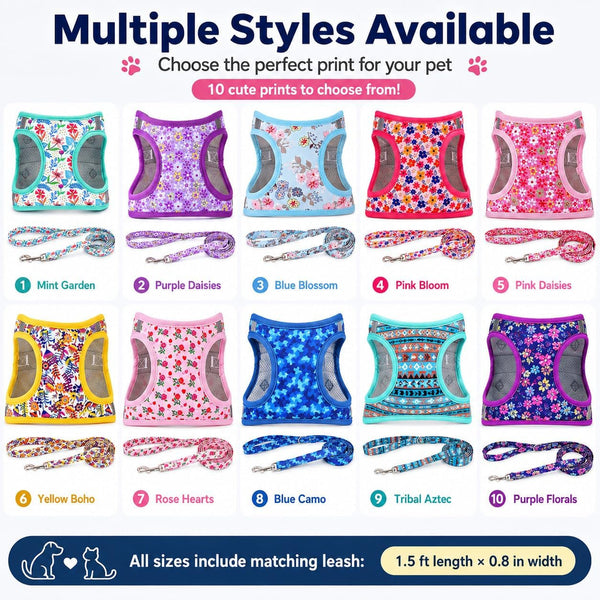 Step in Dog Harness Leash Set- All Weather Reflective No-Pull Floral Pattern Padded Mesh Vest Harness for Cats Puppy Extra-Small Small Medium Large Dogs - Pink Flower - S7