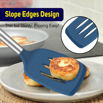 Silicone Spatula Set of 2 Heat-Resistant 600°F & Bpa-Free Kitchen Saptulaturner with Stainless Steel Handles, Slotted & Solid Spatulas for Nonstick Cookware, 13.7 Inch, Classic Blue6