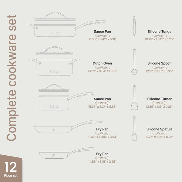 Bakken 12-Piece Ceramic Cookware Set, Nonstick Pots and Pans Set, Non-Toxic PTFE & Pfas-Free Cookware with Silicone Utensils, Induction & All Stovetops Compatible, Dishwasher Safe, Green2