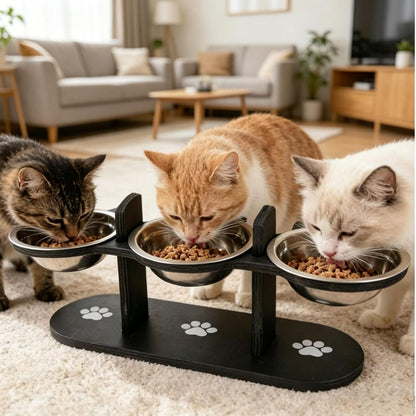 2026 New Anti-Slip Elevated 3-Bowl Pet Feeder, Cat Bowls with Stand Tilted, Stainlesssteel Cat Feeding Station, Ergonomic Elevated Cats Bowls with Wooden Base, Pet Feeding Station for Food & Water (E)5