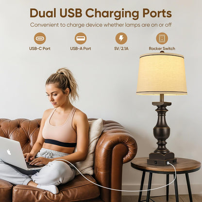 28'' Black Gold Resin Table Lamp Set of 2,Nightstand Lamp with USB Port | Rocker Switch, 2 Bulbs Included, 6W, 2700K Warm Light, Farmhouse Bedside Lamp for Nightstand, Desk, Livingroom, Bedroom Decor2