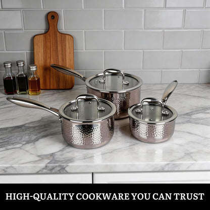 14-Piece Tri-Ply Hammered Stainless Steel Cookware Set | Multifunctional 14Pc Pots and Pans with Steamer | Non-Toxic No-Coating Nonstick | Induction & Oven-Safe up to 500°F9
