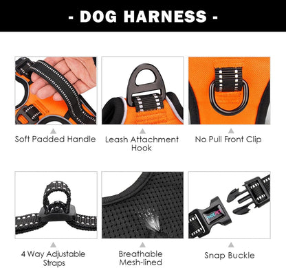 PHOEPET No Pull Dog Harness Medium Reflective Front Clip Vest with Handle,Adjustable 2 Metal Rings 3 Buckles,[Easy to Put on & Take Off](M, Orange)4