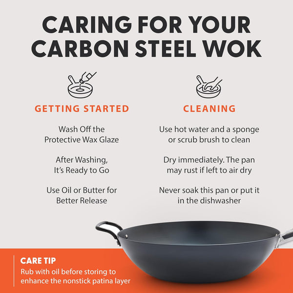 Carbon Steel Wok 14”, Flat Bottom, Durable Stir-Fry Pan, Pre-Seasoned Ready to Use, High Heat Retention, Induction, Ash Wood Handle, Kyoto, Black4