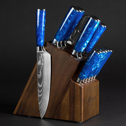 SENKEN 16-Piece Knife Block Set - Japanese High Carbon Stainless Steel with Damascus Pattern, Blue Resin Handles, 6 Steak Knives & Acacia Hardwood Block (Blue)1