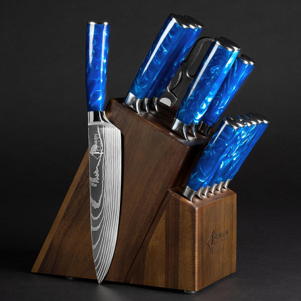 SENKEN 16-Piece Knife Block Set - Japanese High Carbon Stainless Steel with Damascus Pattern, Blue Resin Handles, 6 Steak Knives & Acacia Hardwood Block (Blue)1