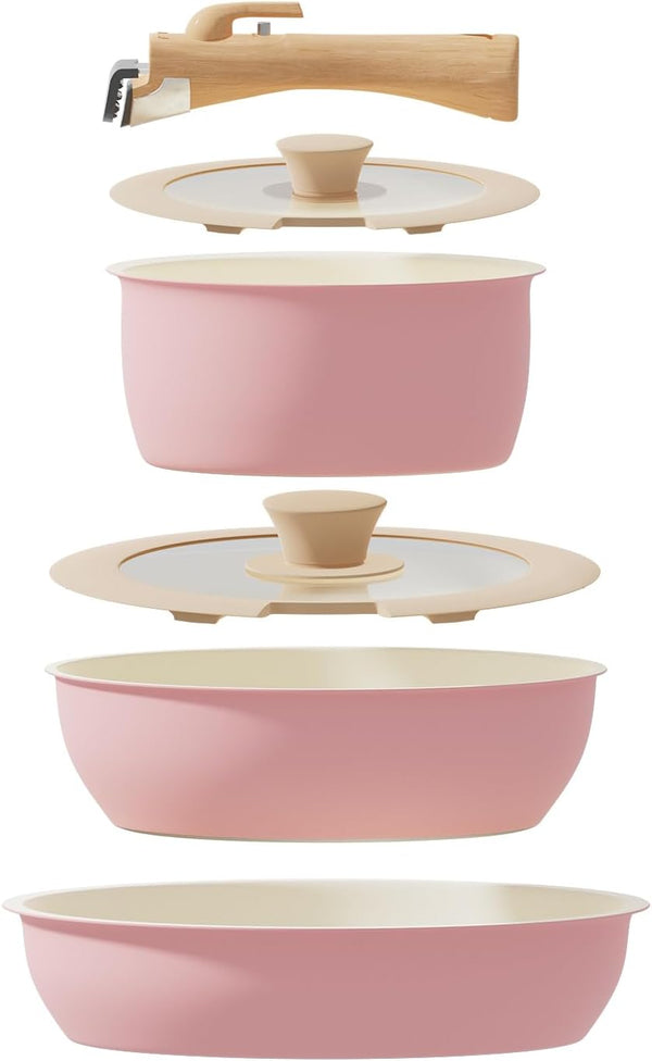 6 Pieces Kitchen Non-Stick Cookware Sets with Removable Handle, Stackable Pots and Pans Set Nonstick for Induction Gas Rvs Camping Space Saving，Pink1