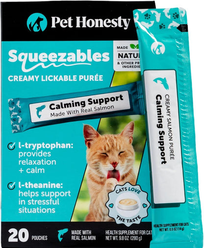 Pet Honesty Cat Lickable Treats with L-Theanine & Chamomile - Squeezable Puree Pouches for Cats - Behavior Support for Travel, Vet Visits, Grooming, & Separation (Salmon, 20 Ct)1