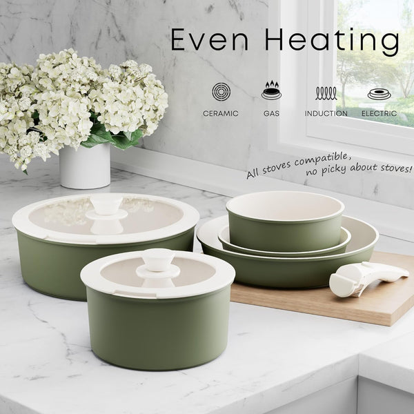 Detachable Nonstick Cookware Set - Stackable Induction Pots and Pans with Removable Handles, Dishwasher Safe - for RV Camping, Oven and Stovetop Use, 5 Pieces (Green)5