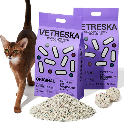 VETRESKA Tofu Cat Litter, Odor Control, Greentea 5.5Lb×2Bags | Natural Kitty Litter Strong Clumping Flushable Cat Litter Pellet Ultra Absorbent,Dust-Free,Low Tracking Deodorant Tofu Litter11