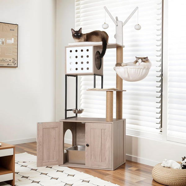 Cat Tree & Litter Box Enclosure,Modern All-In-One Indoor Cats Tower with Large Platform, Cat Condo with Wood House, Food Station, Hammocks (23.6”)1