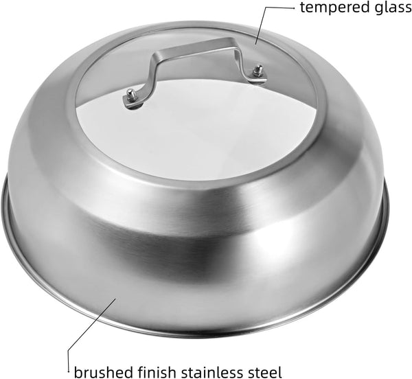 12.75 Inch (12.2 Inch Inner Diameter) Stainless Steel Basting Cover, for 13.5 Inch Wok, Melting Dome for Griddle Cooking, round Steaming Cover Lid with Tempered Glass Top and Steam Holes3