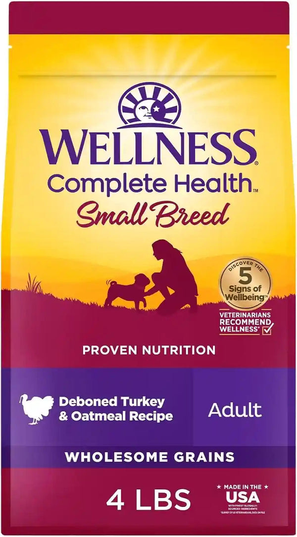 Wellness Complete Health Small Breed Adult Dry Dog Food, Wholesome Grain Kibble, Natural, Turkey and Oatmeal Recipe, 4 Lb Bag1