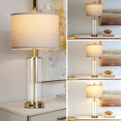 26 Inch Gold Glass Table Lamp Single, 3-Way Dimmable Touch Lamp for Living Room, Modern Bedroom Lamp with USB C+A Ports & Outlet, Classic Bedside Brass Lamp for Nightstand Side End Table Decoration4