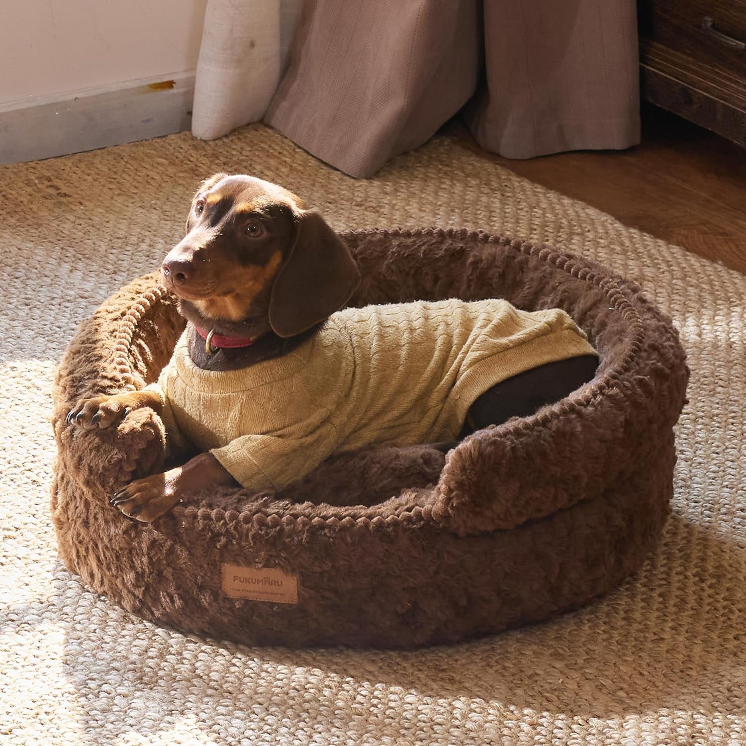 fukumaru-round-cat-bed-plush-washable-calming-dog-bed-with-low-entry-raised-bolster-small-dog-bed-soft-cozy-donut-cat-bed-for-indoor-cats-faux-rabbit-fur-anti-slip-bottom-20-inch-brown