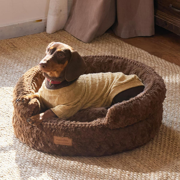 FUKUMARU round Cat Bed, Plush Washable Calming Dog Bed with Low Entry | Raised Bolster Small Dog Bed, Soft Cozy Donut Cat Bed for Indoor Cats, Faux Rabbit Fur & Anti-Slip Bottom, 20 Inch, Brown9