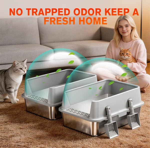 2PACK Stainless Steel Litter Box, Metal Litter Boxs with Lid High Sides, XL Extra Large Litter Box for Big Cats, Never Absorbs Odors, Leak-Proof, Stain-Free, Rust-Free, Easy to Clean, Scoop Included7