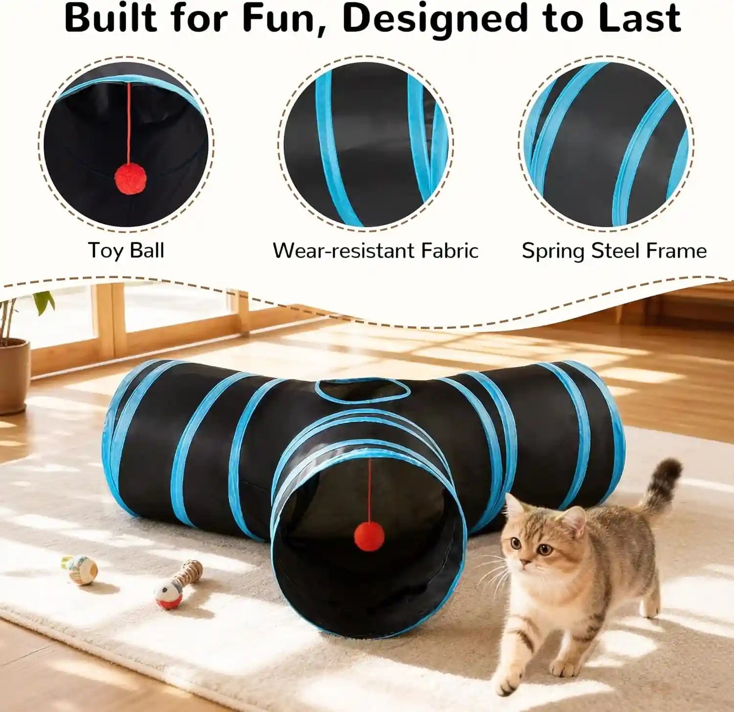 tempcore-pet-cat-tunnel-tube-toys-3-way-collapsible-tunnels-for-indoor-cats-interactive-tube-with-teaser-wand-peek-holes-hanging-ball-black-blue
