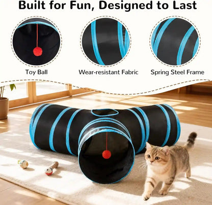 Tempcore Pet Cat Tunnel Tube Toys 3 Way Collapsible, Tunnels for Indoor Cats, Interactive Tube with Teaser Wand, Peek Holes & Hanging Ball, Black & Blue5