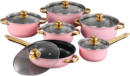 6 Pieces Pots and Pans Nonstick Cookware Set Stainless Steel Milk Saucepan Frying Pan Kitchen Utensils Glass Lids Wear Resistant Comfortable Handles S, Pink1