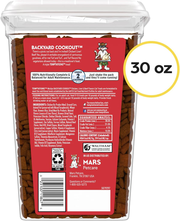 Temptations Mixups Crunchy and Soft Cat Treats, Cookout Flavor, 30 Oz | Chicken, Liver & Beef Flavors, under 2 Calories per Treat, 100% Complete & Balanced for Adult Cats, Resealable Stay-Fresh Tub2