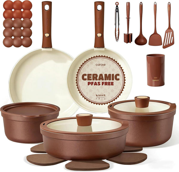 22Pcs Ceramic Cookware Set, Pots and Pans Set Non Stick Removable Handles, Non Toxic Cookware Oven/Dishwasher Safe, Induction Cookware, Gift Set, Nonstick Cookware Set with Kitchen Essentials1