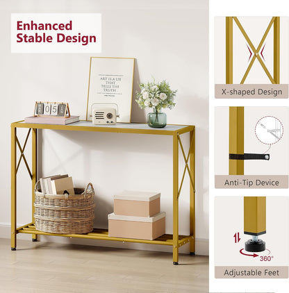 Entryway Table 41.8", 2 Tier Gold Console Table with Shelves | Narrow Entry Table, Thin Sofa Table for Hallway, Living Room, Foyer, Entrance, Corridor, Office, Gold & White6