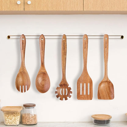 Wooden Spoons for Cooking, 5-Piece Acacia Wood Kitchen Utensil Set | for Nonstick Cookware, Salad Spoon, Spaghetti Spoon, Fork & Spatulas7