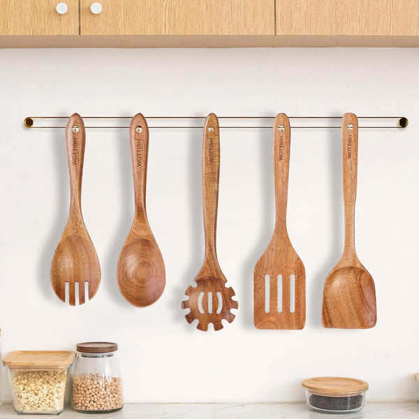 Wooden Spoons for Cooking, 5-Piece Acacia Wood Kitchen Utensil Set | for Nonstick Cookware, Salad Spoon, Spaghetti Spoon, Fork & Spatulas7