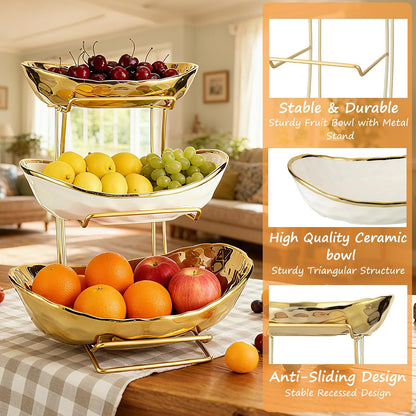 3 Tier Ceramic Fruit Bowl for Kitchen Counter with Metal Rack, Fruit Basket with Stand, Porcelain Bowls for Vegetable Bread Candy Snack Nuts Dessert Cake Tray (Gold 3 Layer)5