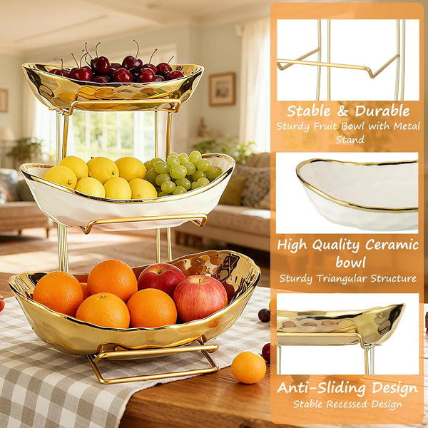 3 Tier Ceramic Fruit Bowl for Kitchen Counter with Metal Rack, Fruit Basket with Stand, Porcelain Bowls for Vegetable Bread Candy Snack Nuts Dessert Cake Tray (Gold 3 Layer)5