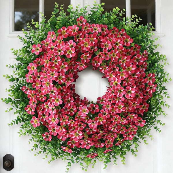 26" Artificial Eucalyptus with Flowers Wreath for Front Door (Rose Red) | Large Faux Eucalyptus & Morning Glory Flowers Wreath,Silk Flowers,For Home Front Porch Farmhouse Spring Summer Outdoor Decor1
