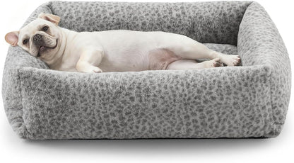 JOEJOY Dog Bed Medium Size Dog, Removable Washable Cover Orthopedic Soft Pet Bed, Anti-Slip Fluffy Plush Faux Rabbit Fur Puppy Bed, 30"X24"X8", Leopard Print, Grey12
