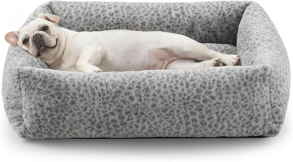 JOEJOY Dog Bed Medium Size Dog, Removable Washable Cover Orthopedic Soft Pet Bed, Anti-Slip Fluffy Plush Faux Rabbit Fur Puppy Bed, 30"X24"X8", Leopard Print, Grey12