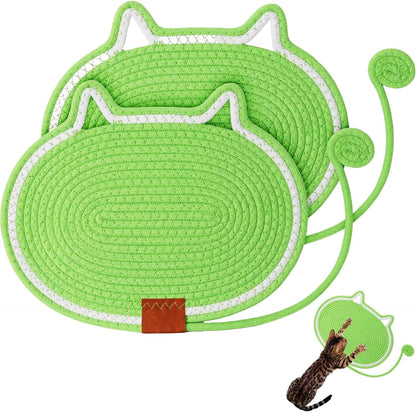2 PC Cat Scratcher Mat - Natural Cotton Rope Oval Horizontal Scratch Pad (11''X13.7'') with Dangling Ball Toy, Cat Ear Design, Furniture Protector for Floor/Wall, Durable Handmade (Balck, 2 PC)13