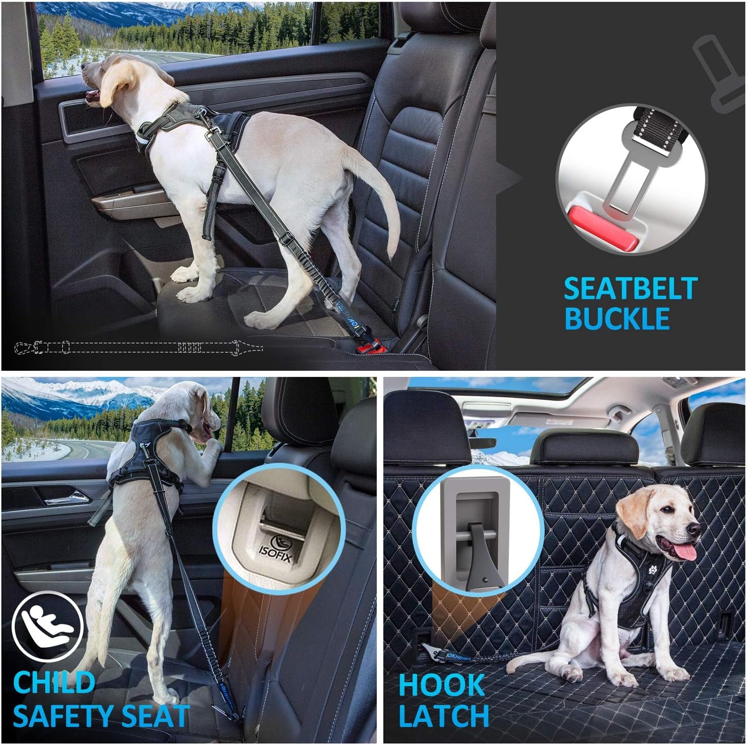 dog-seat-belt-3-in-1-car-harness-for-dogs-adjustable-safety-seatbelt-for-car-nylon-reflective-bungee-fabric-dog-car-harness-with-clip-hook-latch-buckle-swivel-zinc-alloy-carabiner-black