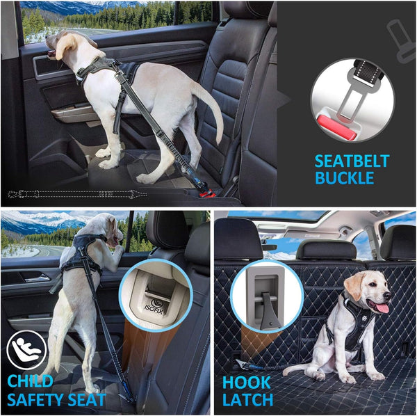 Dog Seat Belt 3-In-1 Car Harness for Dogs Adjustable Safety Seatbelt for Car Nylon Reflective Bungee Fabric Dog Car Harness with Clip Hook Latch & Buckle, Swivel Zinc Alloy Carabiner (Black)6