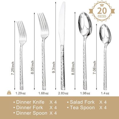 20 Piece Hammered Silverware Set, 18/10 Stainless Steel Flatware Set for 4 |  Mirror Polished Knives Forks Spoons Utensils, Cutlery Set for Home, Party, Wedding, Housewarming, Dishwasher Safe2