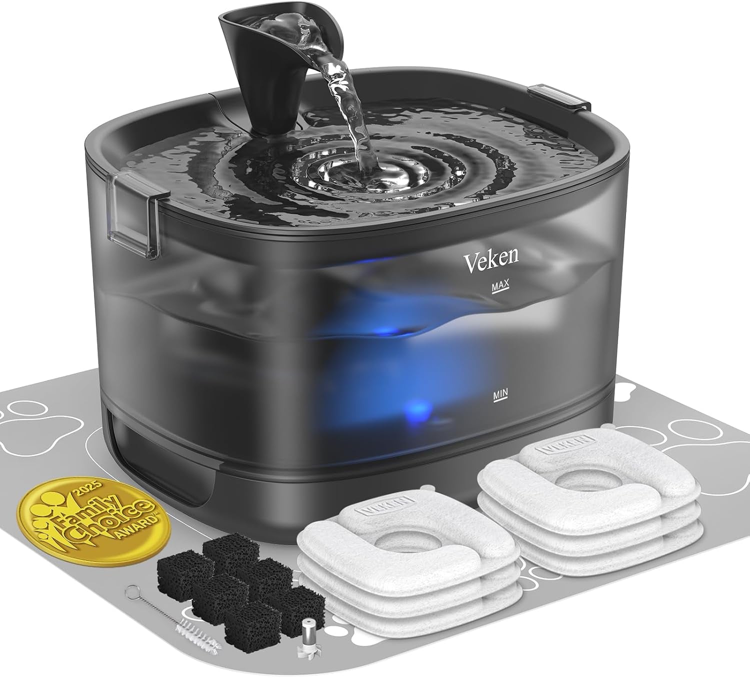 veken-85oz-2-5l-cat-water-fountain-with-detachable-tank-secure-clips-easy-to-clean-assemble-quiet-operation-led-light-pet-drinking-dispenser-gifts-cats-dogs-and-small-pets-black