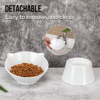 Detachable Elevated Cat Bowls, 15° Tilted Raised Cat Food Bowl Anti-Vomiting, Whisker Friendly, Adjustable Pet Cat Dishes for Protecting Spine, Adult Kitten (White)6